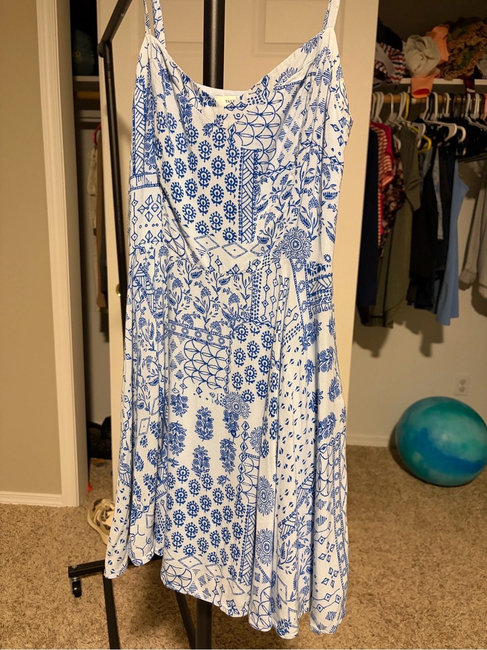 Aritzia Talula White Dress with Blue Floral & Geometric Print